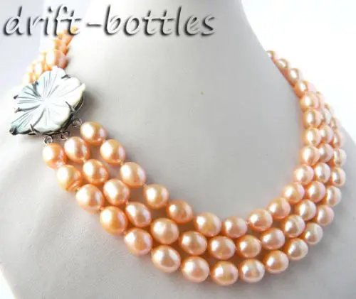 

3Strands 18'' 9MM Pink Rice Freshwater Pearl Necklace