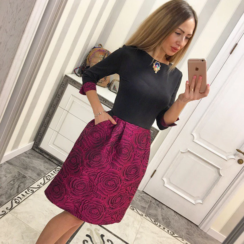 2018 Осенняя голубая Роза печатных Лоскутная Черный Топы длиной выше колена платья