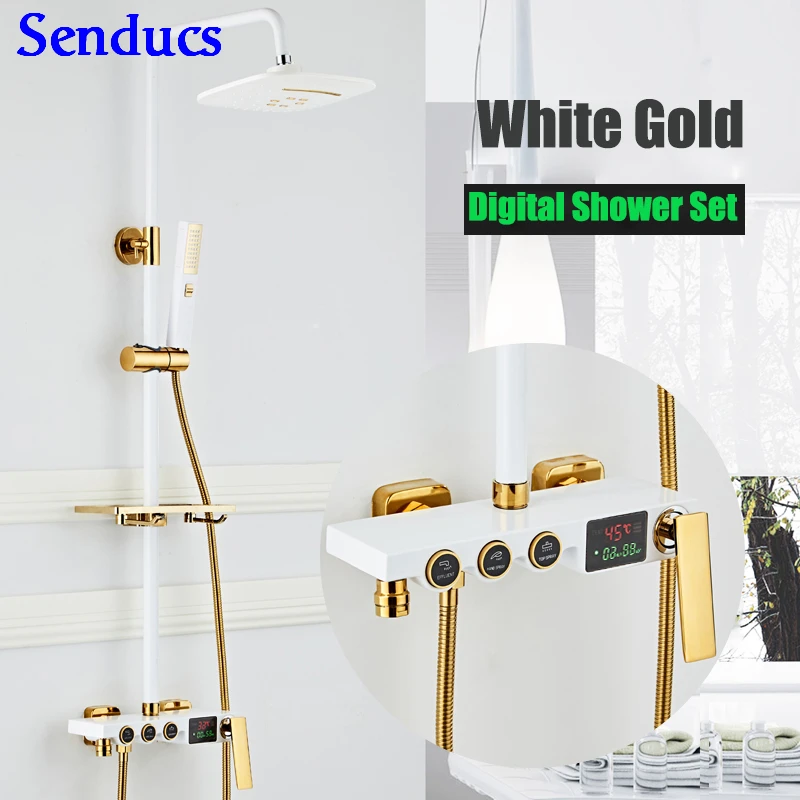 B1-hot-cold-shower Senducs Термостатический душ белого золота ванная комната смеситель для душа Новое поступление дождь Душевая Головка Белое золото цифровая для душевой набор - Цвет: B1-hot-cold-shower