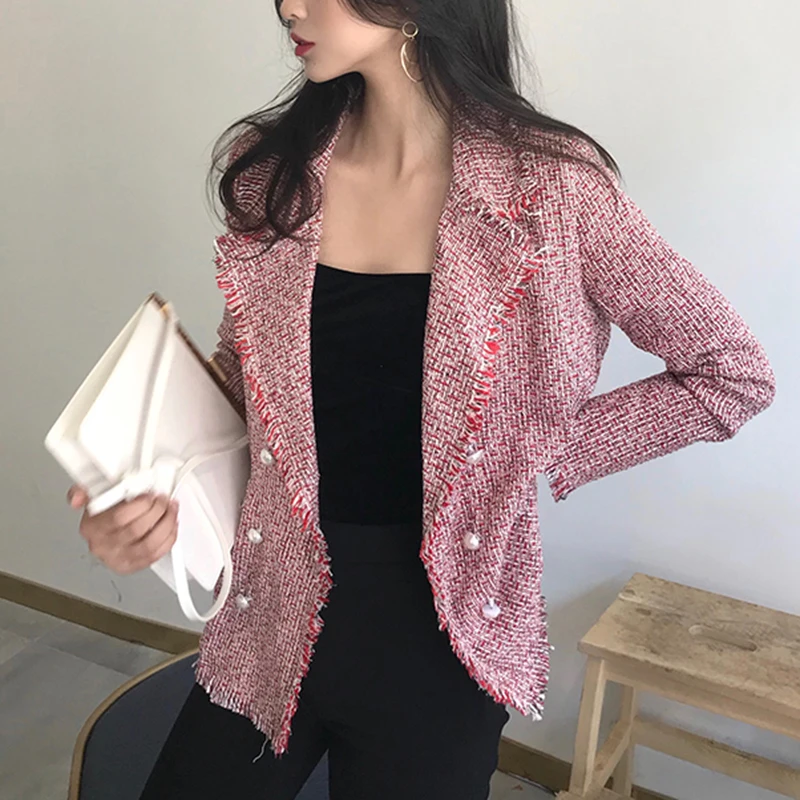 PERHAPS U women black pink plaid tweed outerwear pocket button turn down collar tassel burr blazer C0099 |