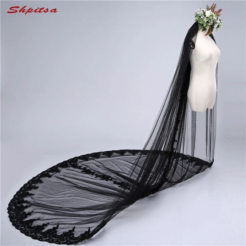 Black Lace Long Cathedral Wedding Veil 3 m Vail One Layer Bride Bridal Veils Metry | Свадьбы и торжества