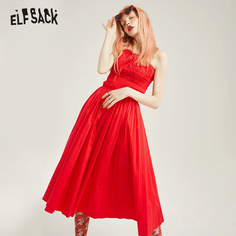ELF SACK/Винтажные красные плиссированные платья сексуальные с открытыми плечами на