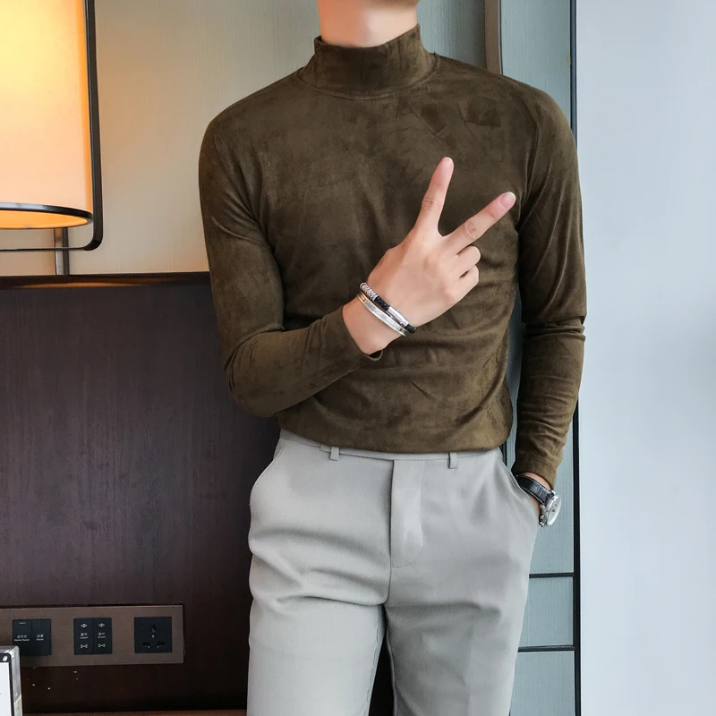 Brand New Men T-Shirt Fashion 2018 Autumn Winter Suede Warm T Shirts Mens Long Sleeve Slim Fit Half High Collar Tee Shirt Homme | Мужская