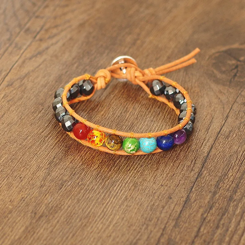 8 мм гематитовый кожаный одиночный оберточный браслет ручной работы для женщин и