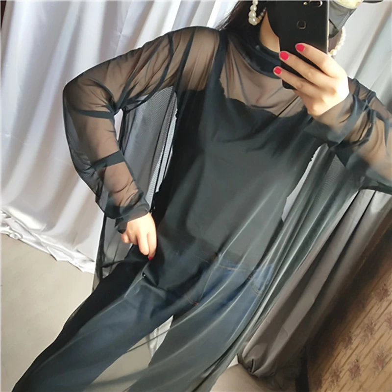[EAM] New Autumn Winter High Collar Long Sleeve Black Mesh Perspective Colorful Long Big Size Dress Women Fashion JU790