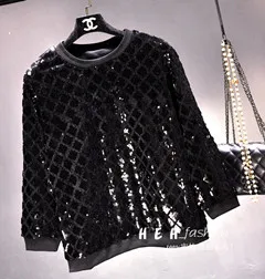 black Cakucool/, Женский пуловер с золотыми блестками, толстовка с длинным рукавом и круглым вырезом, повседневные свободные Украшенные свитера для девочек, черные - Цвет: black