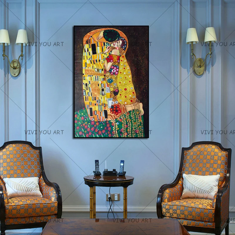 Kopen Hand Schilderen Reproductie Goud Schilderen Olieverfschilderij Handgemaakte Muur Kunstwerk Gustav Klimt Kus In Liefde Decoratieve Craft