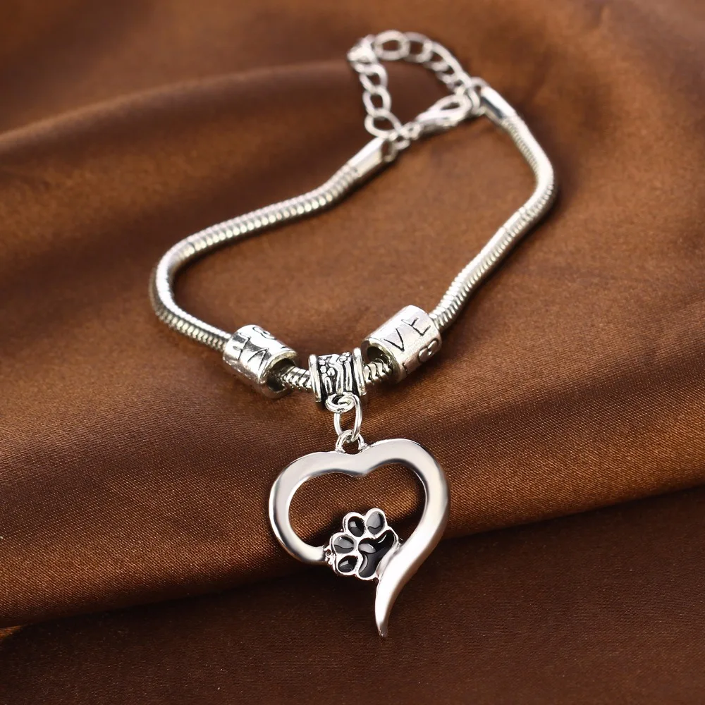 

12PC/Lot Love Heart Charms Bracelet Cute Black Pet Paw Print Bracelets Animal Dog Memorial Jewelry Pet Lovers Chain Bangle Gifts