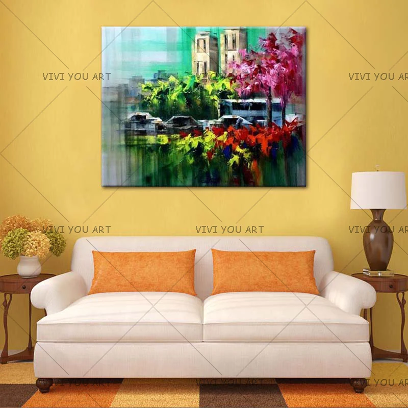 100% ручная роспись палитра нож абстрактная городская картина маслом на холсте