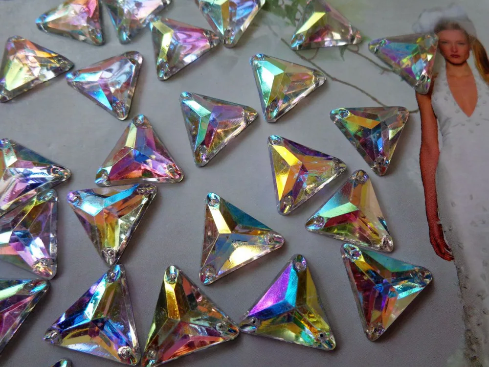 

100pcs triangle shape 14mm gem stones sew on rhinestones clear AB colour crystals flatback dress accessory