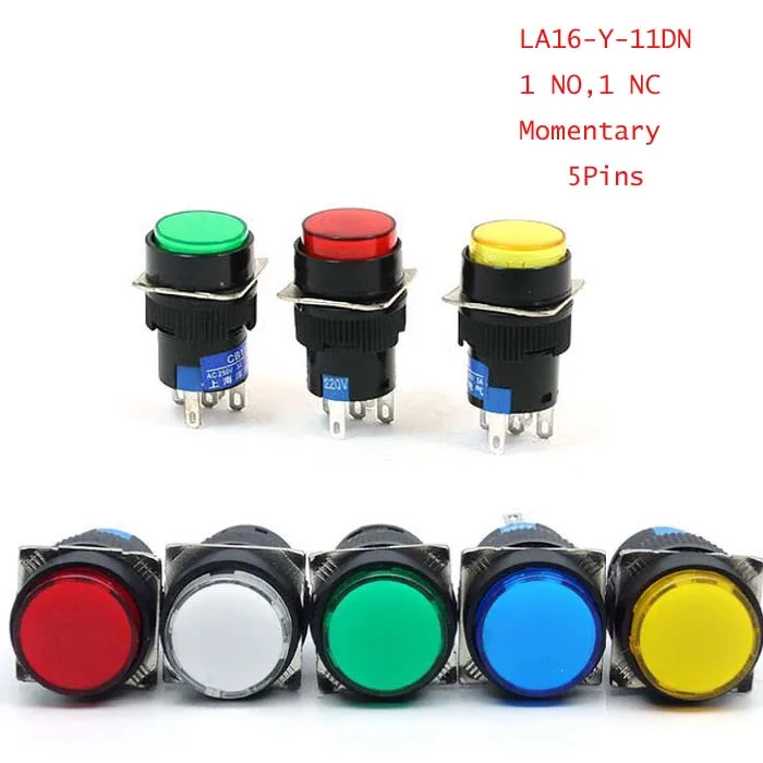 1 шт., мгновенный светильник без замка, 16 мм, без NC, круглая кнопка, Переключатель DC12V/DC24V/ac220 в, красный/зеленый/синий/белый/желтый, 5 контактов