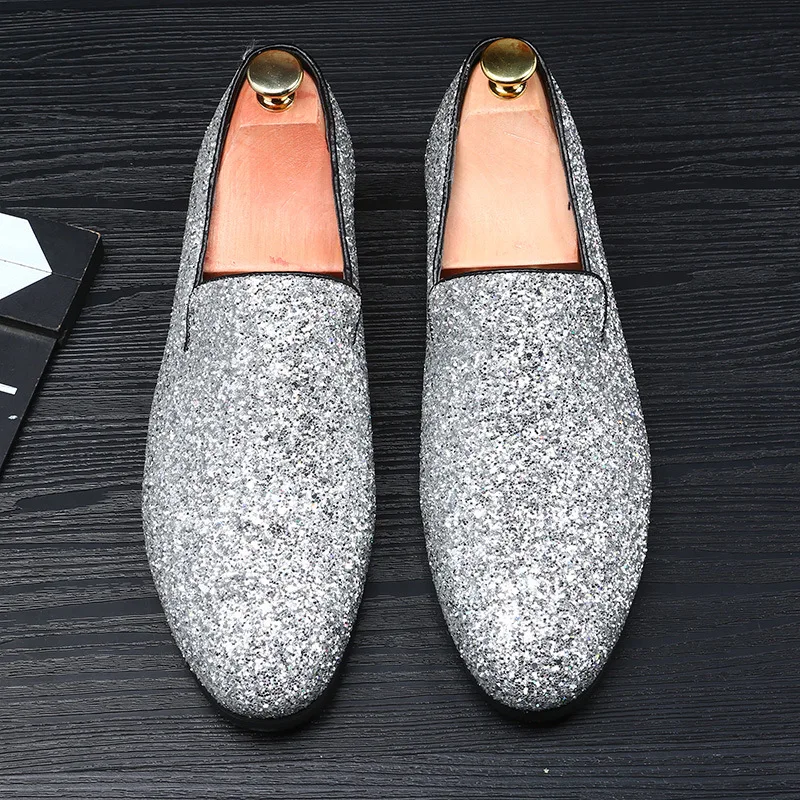 Europe Bling Flat Leather Shoes Rhinestone Fashion Mens Loafer Dress Men Casual Diamond Pointed Toe Gold Silver #33 | Обувь
