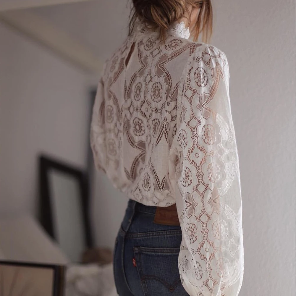 

Women Shirts Lantern Long-sleeved Stand Collar Embroidery Sexy Perspective Lace Blouses Female Work Business Attire Inside Tops