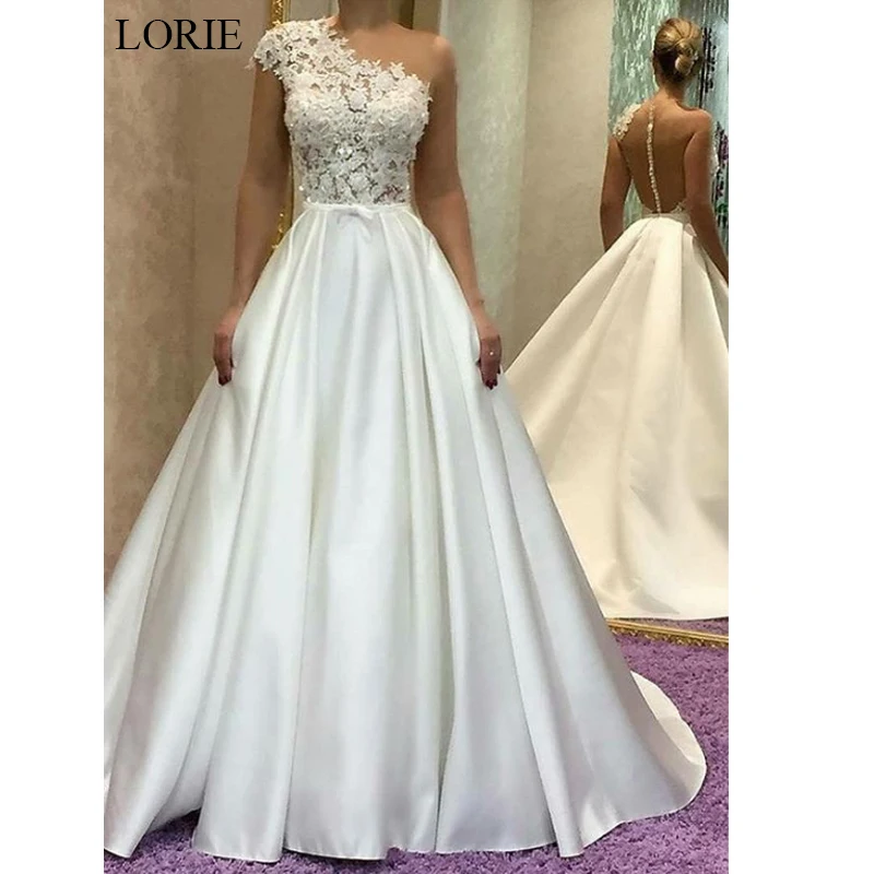 

LORIE Wedding Dress 2019 Lace and Stain Wedding Dress Back Illusion vestido de noiva White Ivory Customize Wedding Party Dress