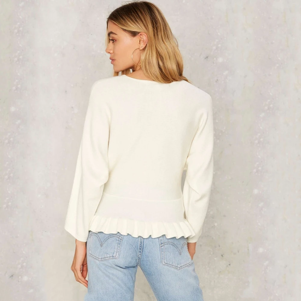 HDY Haoduoyi Solid White Women Sweaters Crew Neck Long Sleeve Ruffle Waist Brief Tops Streetwear Casual Sweet | Женская одежда