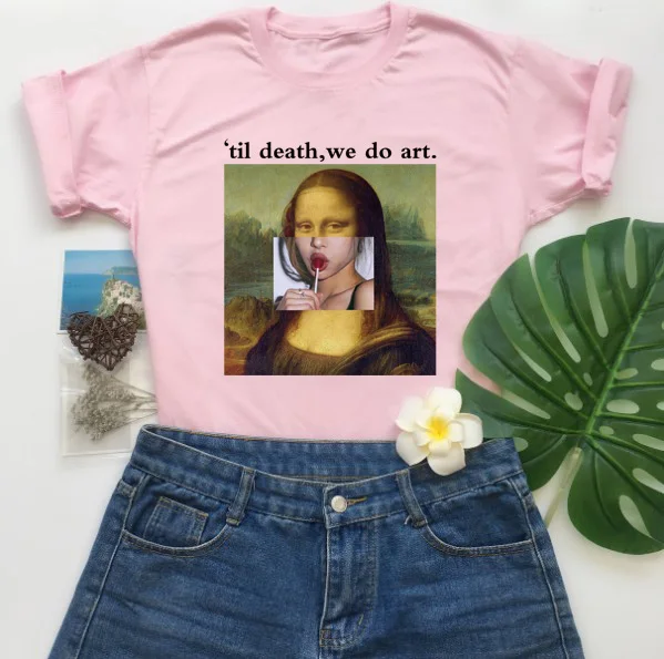 Sunfiz WW Til Death We Do Art модная женская футболка желтая хлопковая Футболка с принтом Monalisa с вырезом лодочкой черная футболка для скейтборда - Цвет: Pink-MonaDoArt
