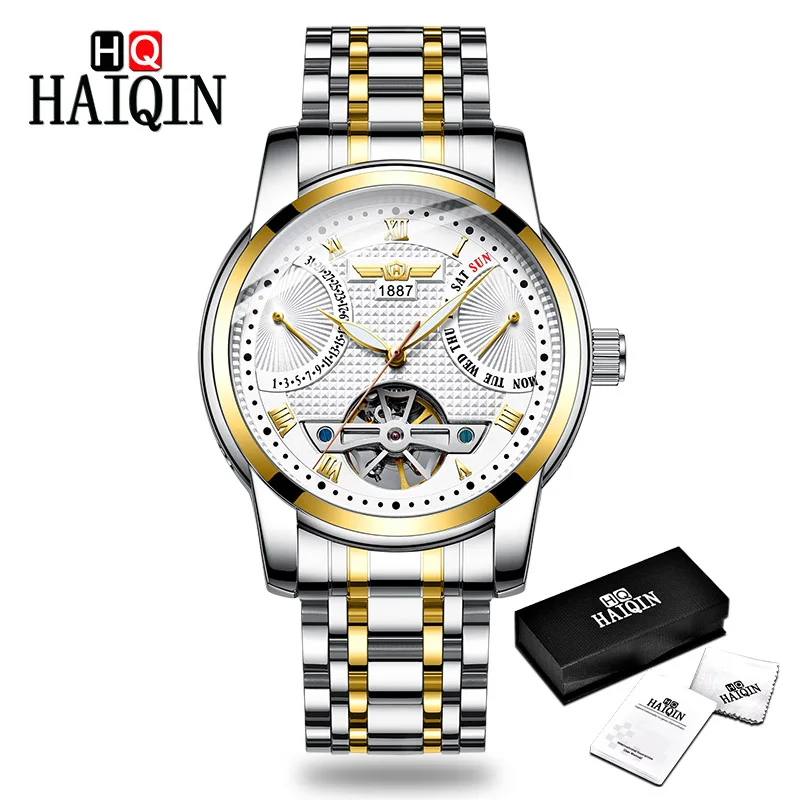 Gold-white HAIQIN, мужские часы, механические мужские часы, Топ бренд, Роскошные автоматические часы, мужские золотые наручные часы, мужские турбийон, Reloj hombres - Цвет: Gold-white
