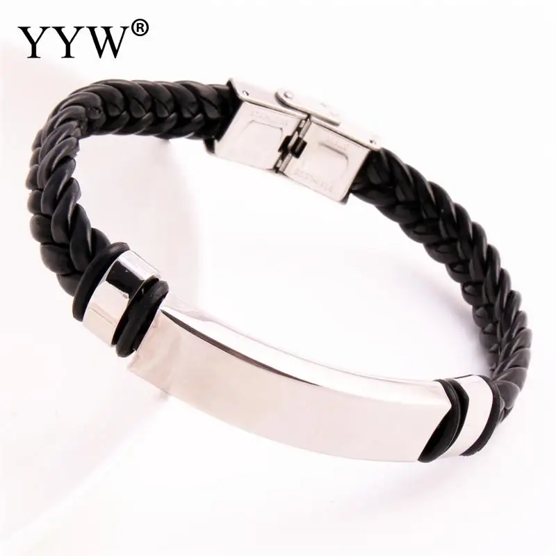 

Punk Style Men Bangle Titanium Steel Bracelet for Women Men Jewelry Braided Leather Cord Long Tube Silver Color Unisex 190mm