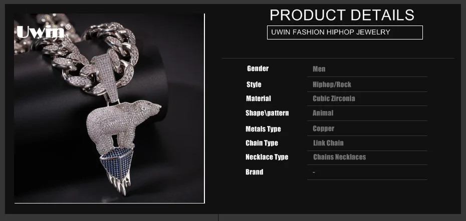 UWIN белого золота цвет ледника Полярный медальон в виде медведя ожерелье Мода хип-хоп с 20 мм кубинские звенья цепи Iced Out CZ ювелирные изделия