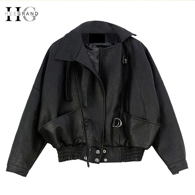 HEEGRAND/свободные женские Куртки из искусственной кожи, новинка весны, куртка в стиле панк, пальто с рукавами «летучая мышь», черная верхняя одежда с большими карманами, WWP204