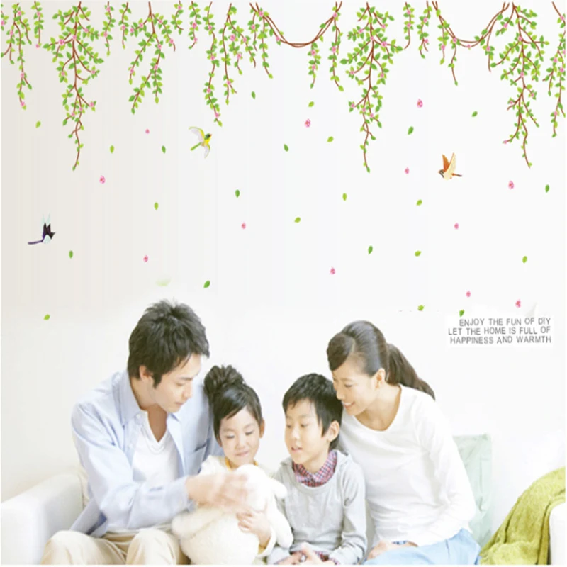 Большая наклейка с зелеными листьями и розовыми цветами виниловая настенная