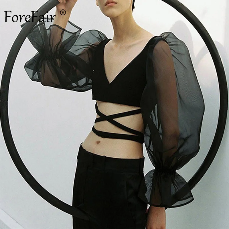 Forefair, сексуальная короткая блузка с пышным рукавом, женская, длинный рукав, бандаж, Прозрачные топы, женская, v-образный вырез, прозрачная сетка, летняя блузка