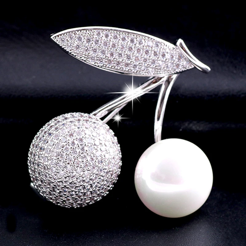 

Luxury Rhinestone Cherries Brooch Fruit Pin Silver Crystal Pearl Cherry Leaves Vintage Jewelry Gift for Her broche femme bijoux