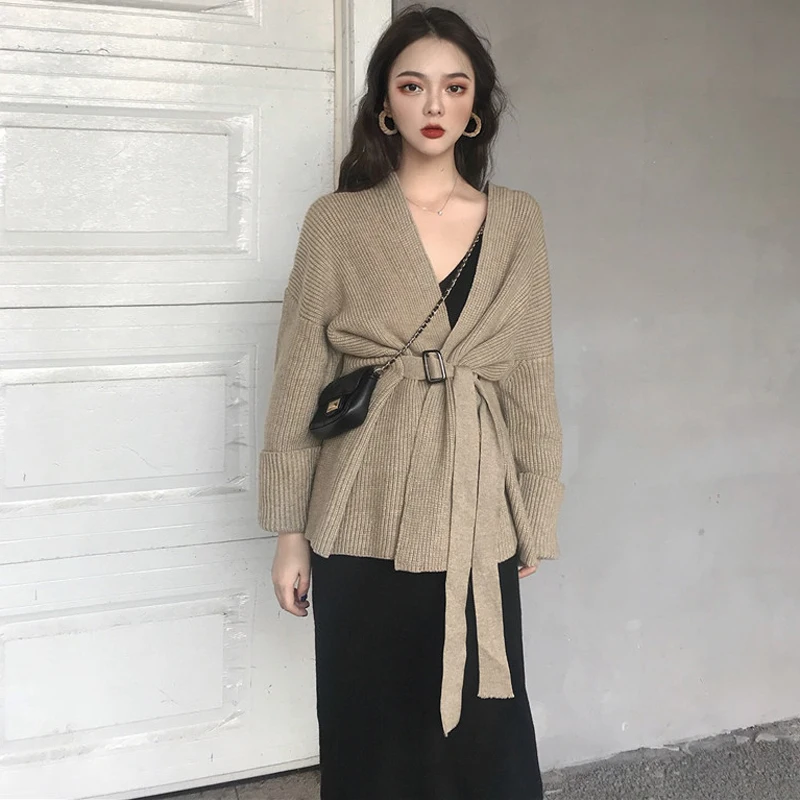 Sexy V-neck Full Sleeve Women Knitted Open Stitch Loose Sashes Sweater Cardigans Elegant Female Jumpers 2019 |
