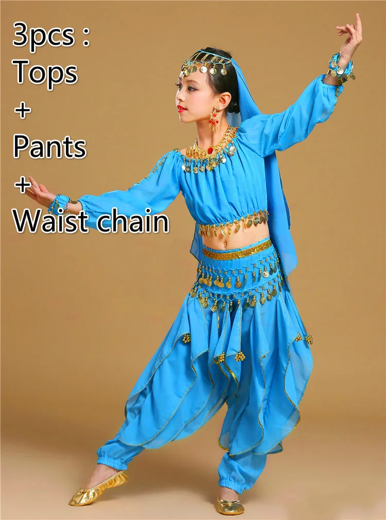 3pcs light blue Новая детская одежда для индийских танцев платье для выступлений танец живота Национальный Болливуд танцевальные костюмы для девочек Одежда для танца живота комплект одежды - Цвет: 3pcs light blue