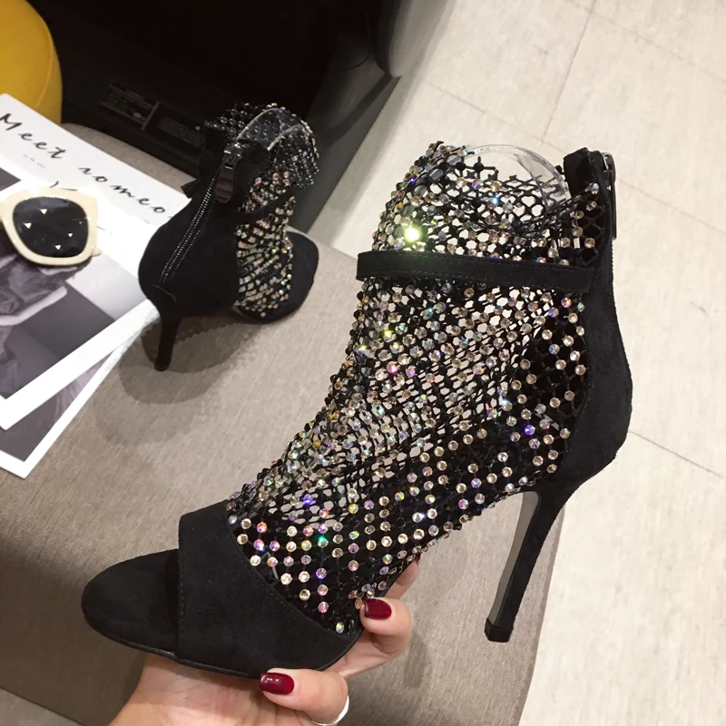 Female Sandals Womens Shoes Summer Fashion Bling Rhinestone Mesh Ladies Shoes Peep Toe Sexy High Heels Party Summer Boots