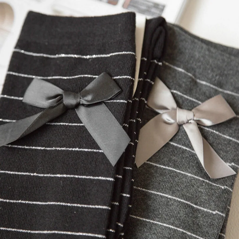 Осенне-зимние женские длинные Полосатые чулки для девочек с бантом декоративные