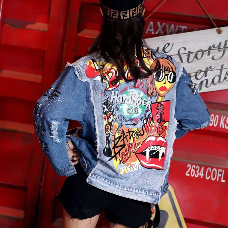 Осенние новые модные женские джинсовые куртки Harajuku граффити печати Изношенные с
