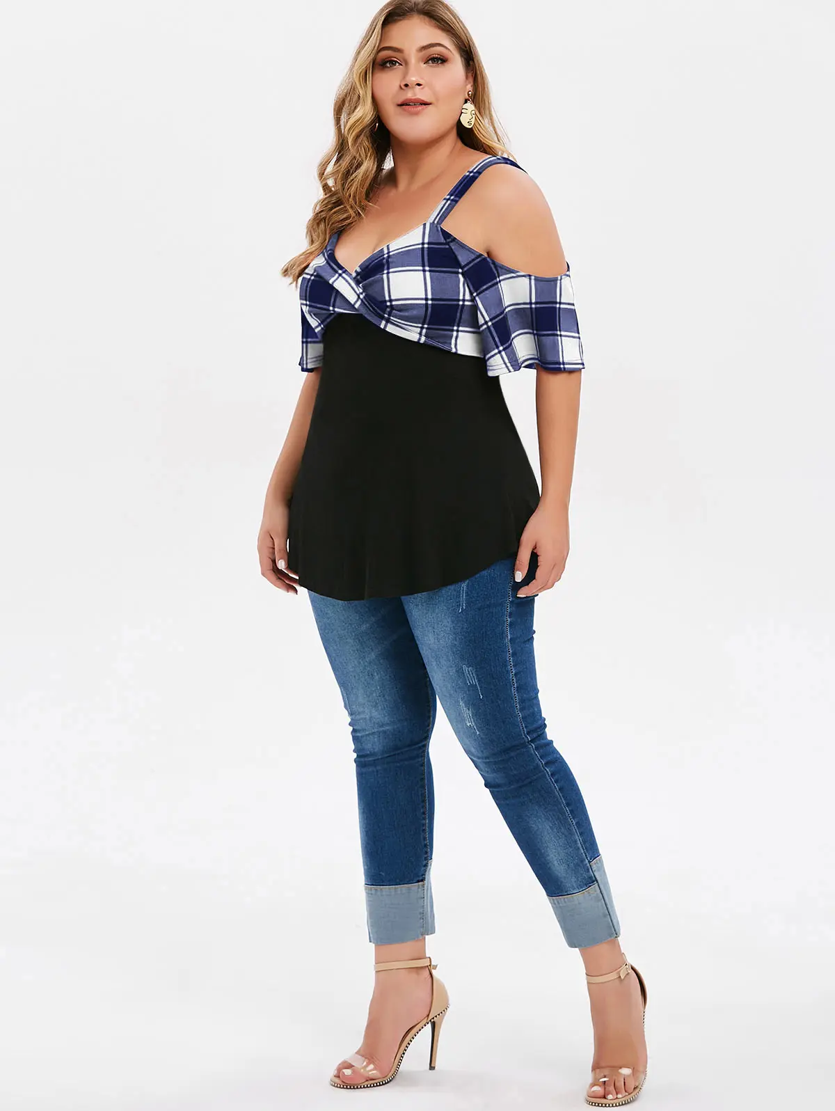 Rosegal Plus Size Cold Shoulder Plaid Twist T-Shirts Sweetheart Neck Half Sleeve Women Sexy Plaid Tops Summer Casual Splice Tees