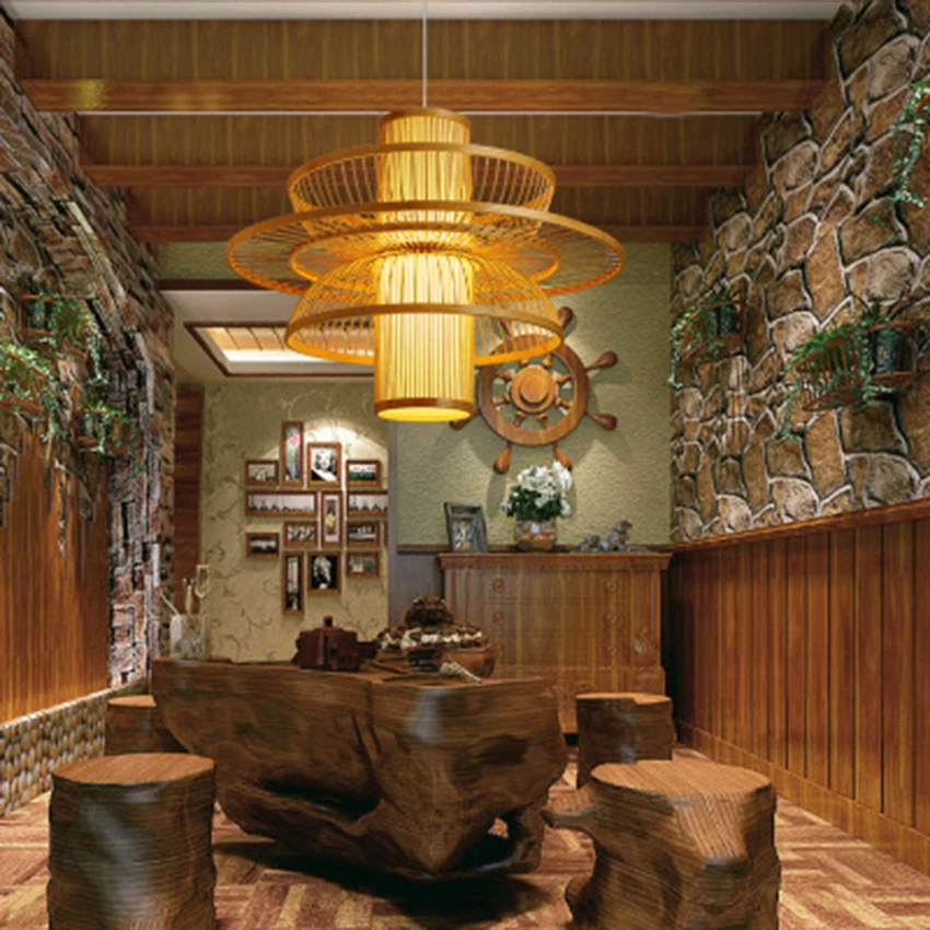 Китайский бамбуковый Плетеный абажур из ротанга светодиодная лампа подвесной