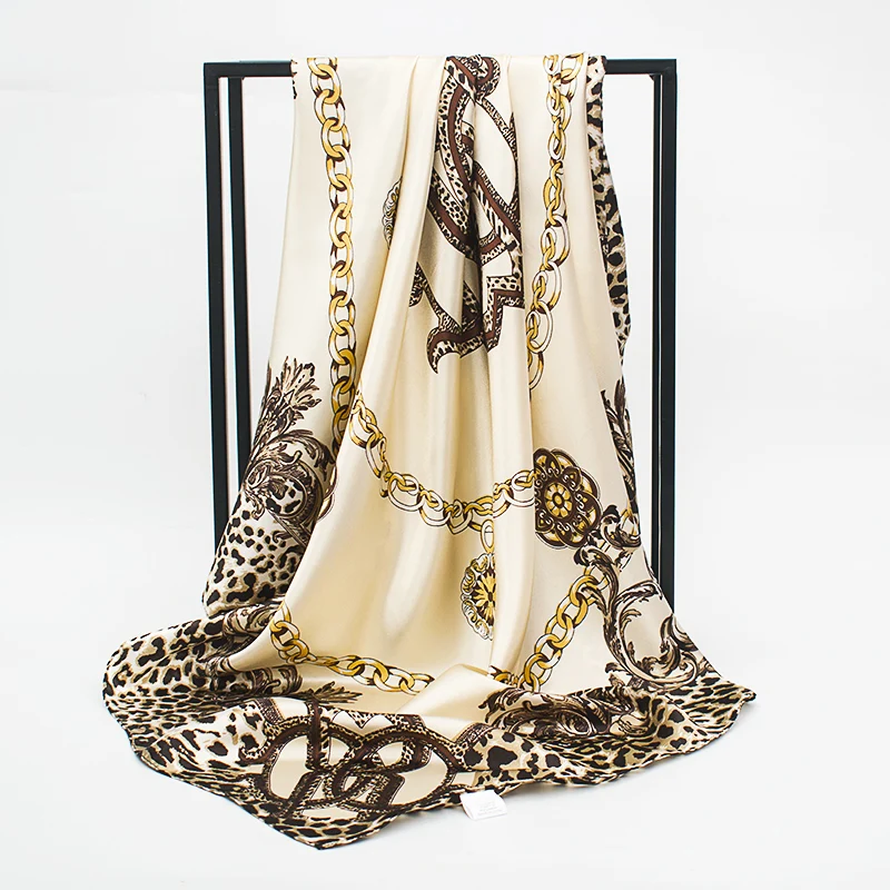 

Summer Silk Scarf Women Leopard Print Foulard Square Shawl 90*90cm Luxury Brand Satin Head Scarves Female Bandana Muslim Hijab