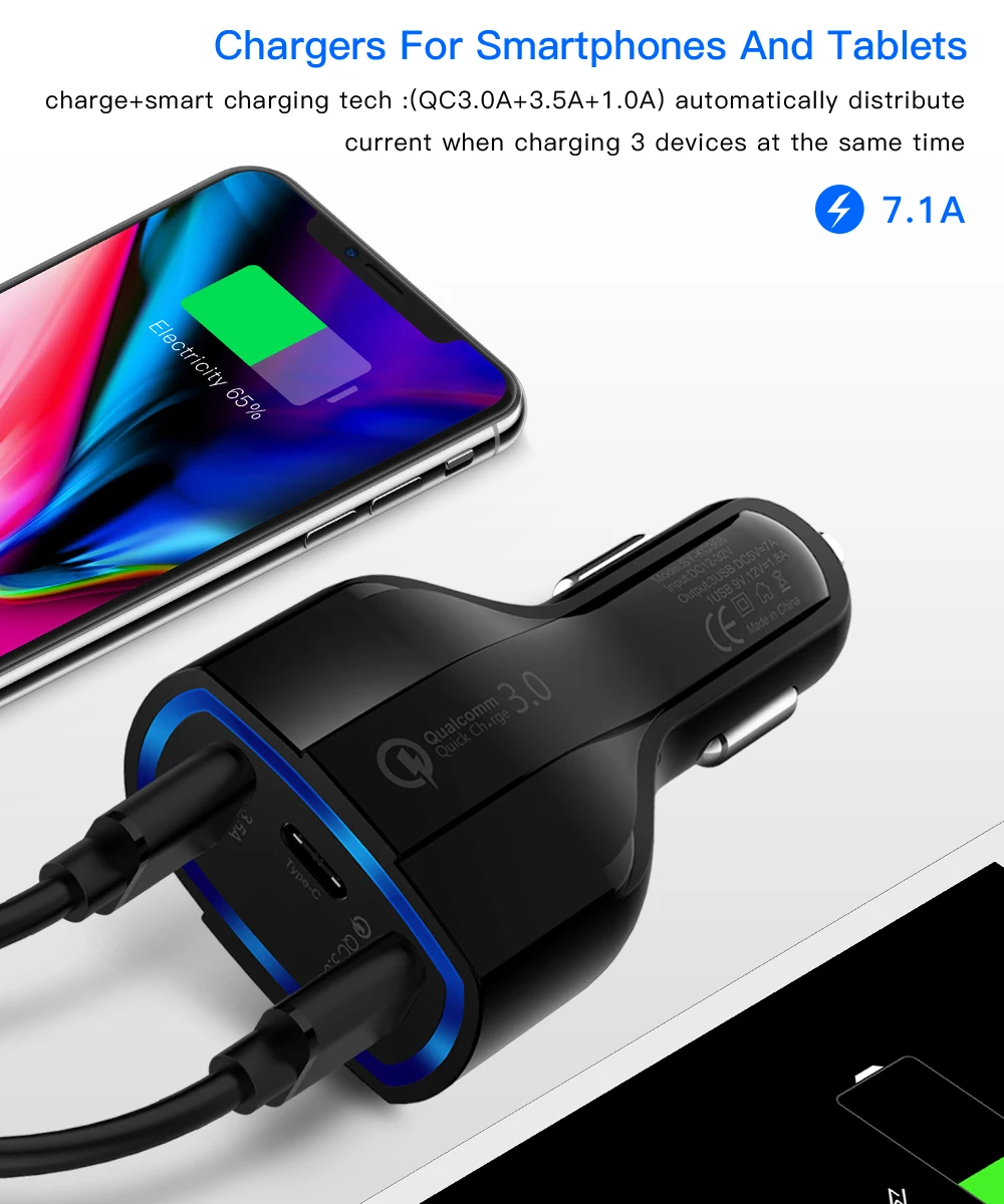 Быстрая зарядка 3,0 USB Автомобильное зарядное устройство 5 в а для Xiaomi Mi 9 huawei P30 Pro Двойной USB Быстрый светодиодный PD type C автомобильное зарядное устройство для телефона
