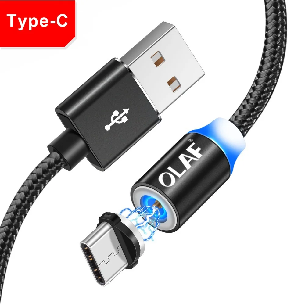 OLAF 1 м СВЕТОДИОДНЫЙ Магнитный зарядный кабель Micro USB для iPhone X XR XS Max Быстрая зарядка usb type C для Xiaomi кабель зарядный провод шнур - Цвет: Black Type C