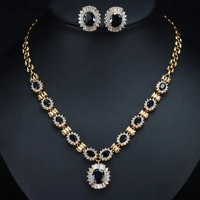 black CWWZircons Блестящий Круглый Висячие капли фиолетовый кристалл свадебное ожерелье и серьги набор Дубай золотой цвет свадебные ювелирные изделия T275 - Окраска металла: black