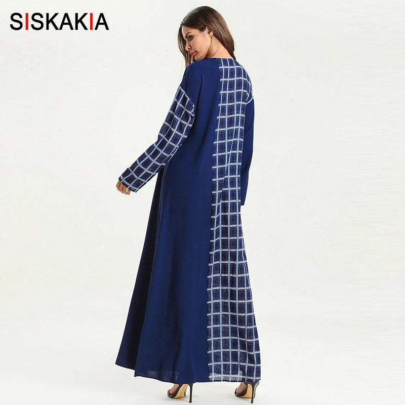 Женское клетчатое платье Siskakia длинное лоскутного покроя с круглым вырезом и