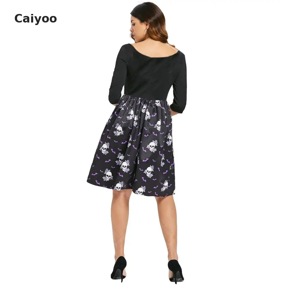 Summer Dress Sale Bud Half None Knee-length Regular O-neck Ukraine Plus Size 2018 New Halloween Middle Sleeve Skull Print | Женская
