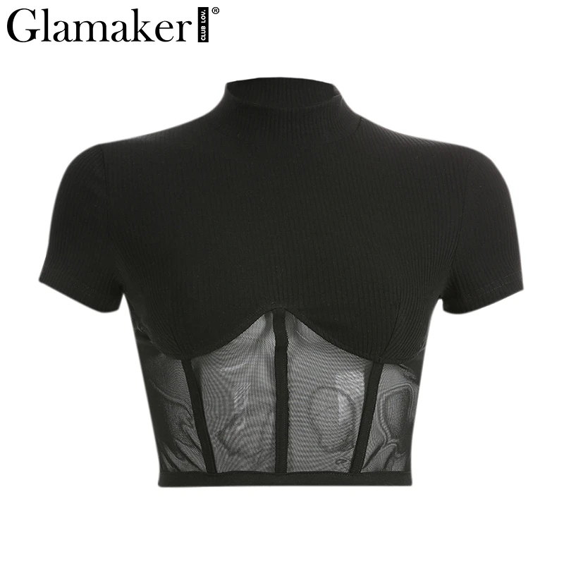 Glamaker черный сексуальный топ футболка сетка прозрачный Повседневный обрезанный женский топ уличная водолазка пэчворк панк-рубашки летняя футболка
