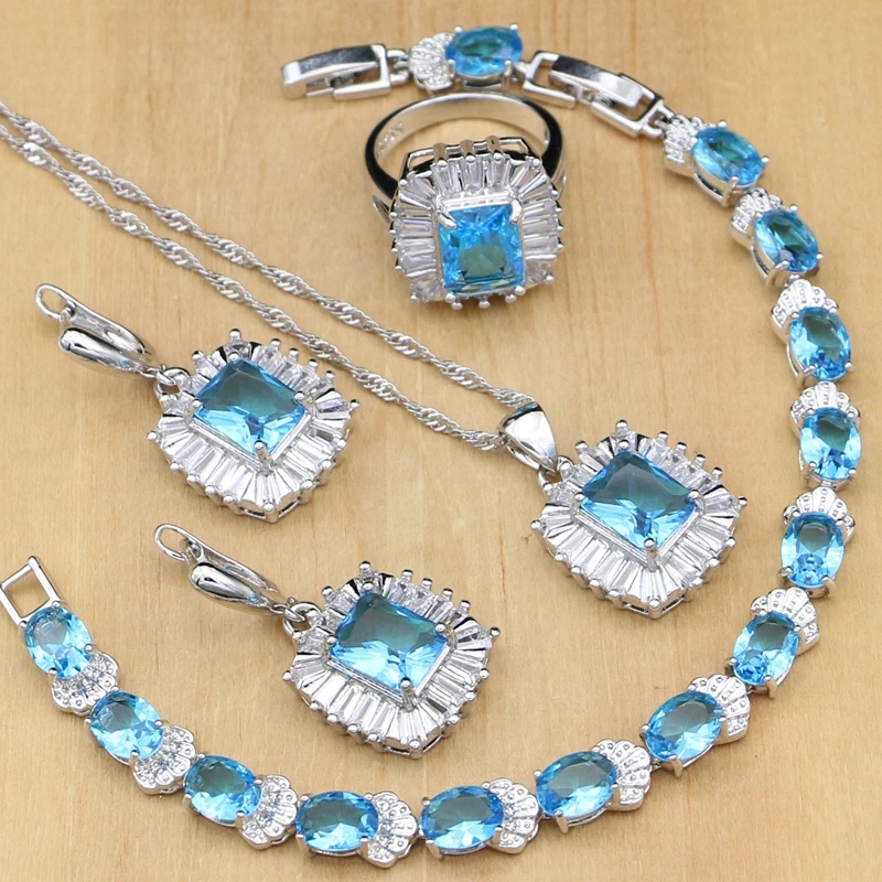 Набор украшений из серебра 925 пробы небесно голубой циркон белый кристалл