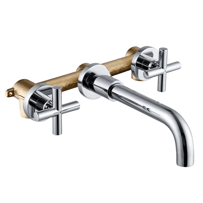 Polished Chrome Краны Топ Мода Новое поступление настенная раковина смеситель набор ванная комната носик кран с двойным рычагом в матовый черный/полированный золотой - Цвет: Polished Chrome