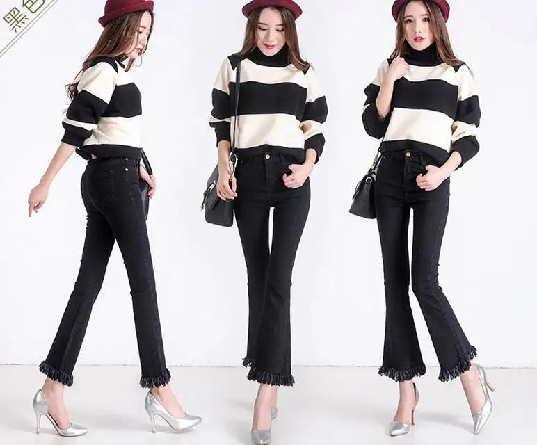 2020 Новые расклешенные джинсы женские брюки ретро с бахромой синие черные размера