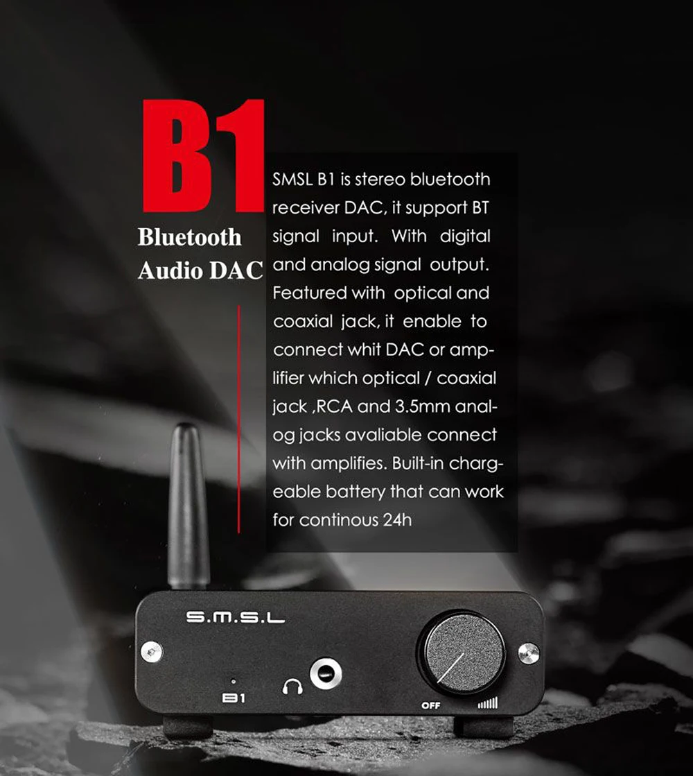 SMSL B1 настольный мини DAC усилитель аудио Hifi Bluetooth DAC Amp WM8524G оптический Caoxial вход