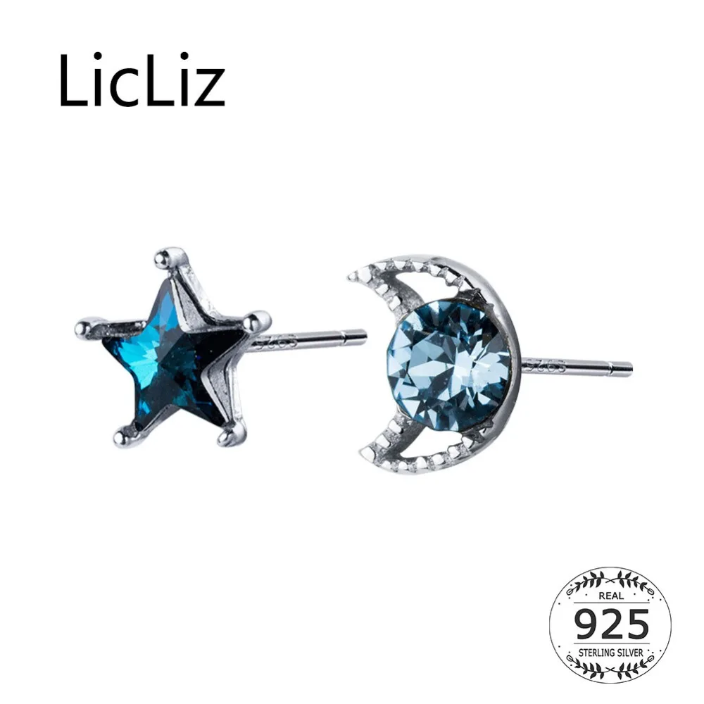 LicLiz New 925 Sterling Silver Zircon Star&Moon Stud Earring for Women Blue CZ Crystal Stud White Gold Jewelry Gifts LE0574
