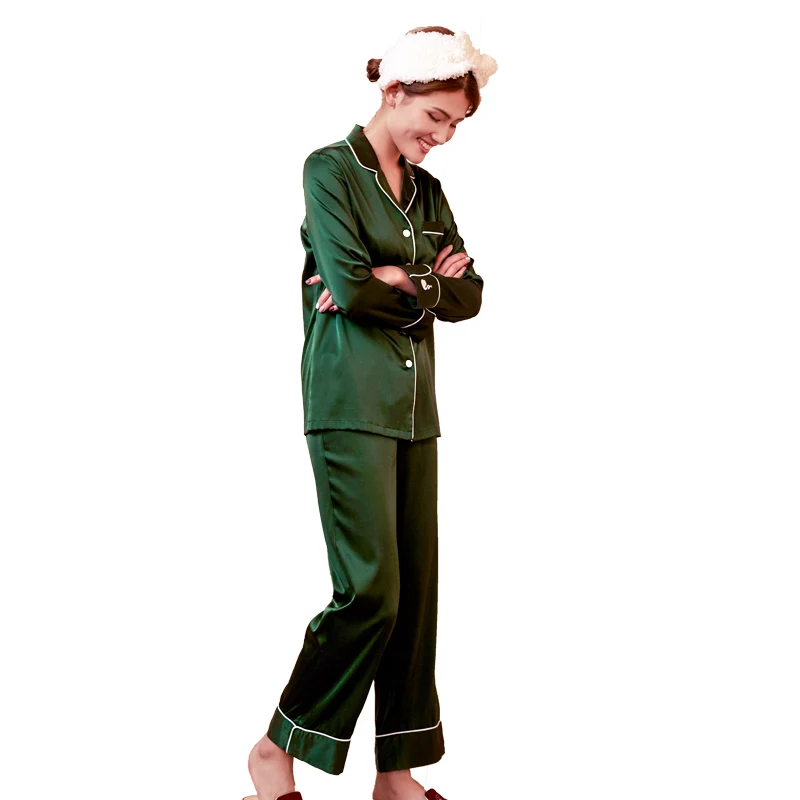 Women Pure Silk Pajamas Sleepwear Solid Two Pieces Blouse Pants Pyjamas Women Home Clothing Suits Real Silk Pyjamas For Adult