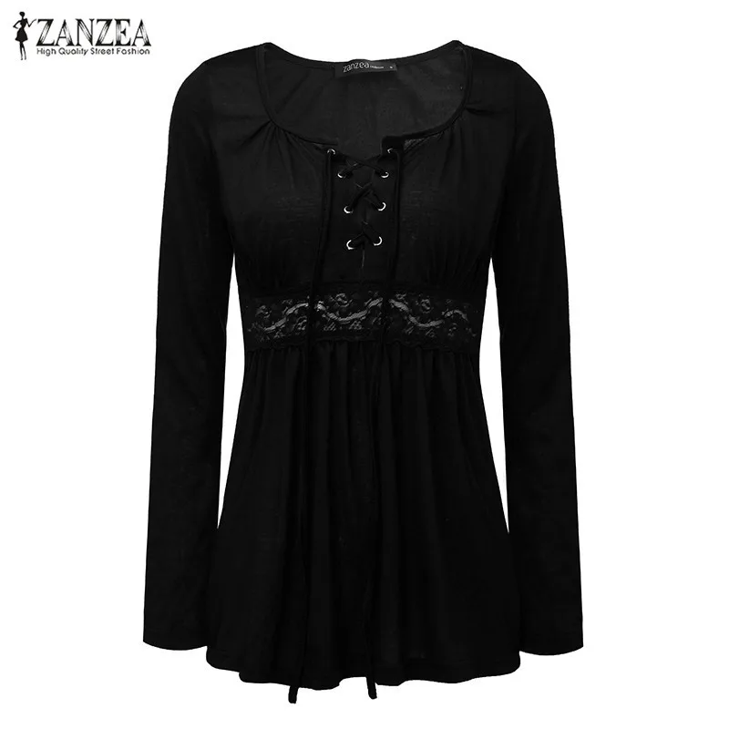 Женские топы ZANZEA 2021 Осенние кружевные лоскутные блузки пикантные рубашки с V