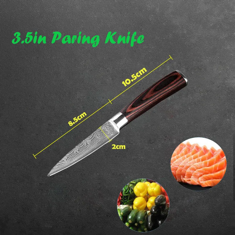 3.5in Paring Knife FHEAL 3,5/5,5/7/8 дюймов Универсальный нож и нож шеф повара ножи 7CR17 имитация Дамасская сталь Сталь Santoku кухонные ножи острый Кливер нож для нарезки ножей - Цвет: 3.5in Paring Knife