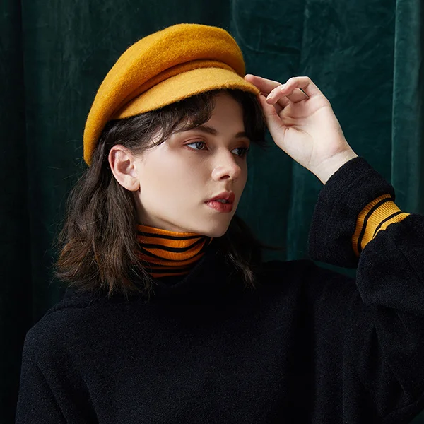 Новинка, зимние шапки Anise Newsboy, Ретро стиль, женские вязаные шапки из кашемира, шерсть, восьмиугольная шапка, шапка для отдыха, высокое качество - Цвет: Yellow